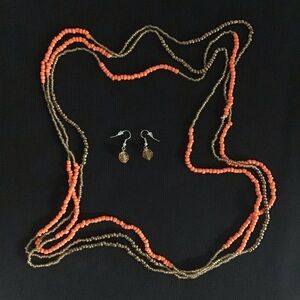 Orange and Gold Beaded Necklace and Earring Set - New Without Tag